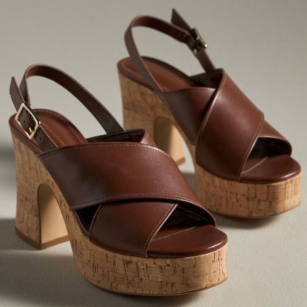 Anthropologie * Cross-Strap Woven Platform Sandals Brown Cork Heel EU 41 / US 9.